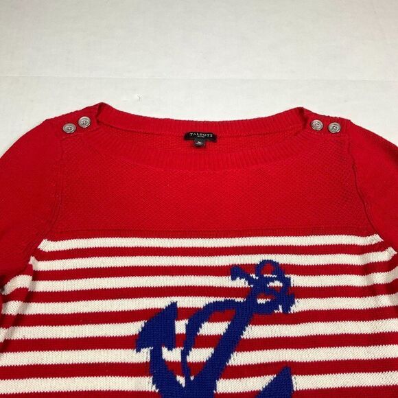 Talbots Intarsia Anchor Sweater Striped Long Sleeve Nautical Pullover PM PETITES - Picture 2 of 10